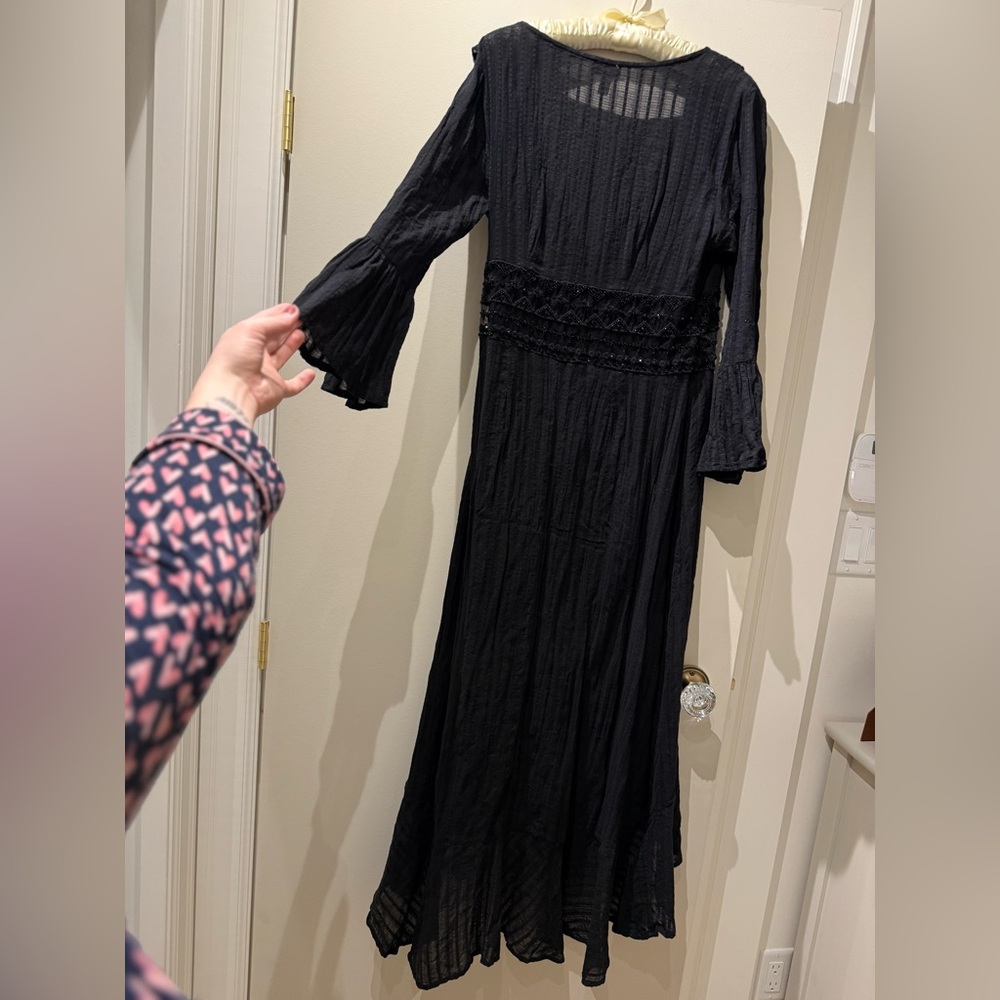 NU Resort Black Ruffled Wrap Maxi Dress with Mesh Beaded Waistline & Tie Waist - Picture 3 of 7